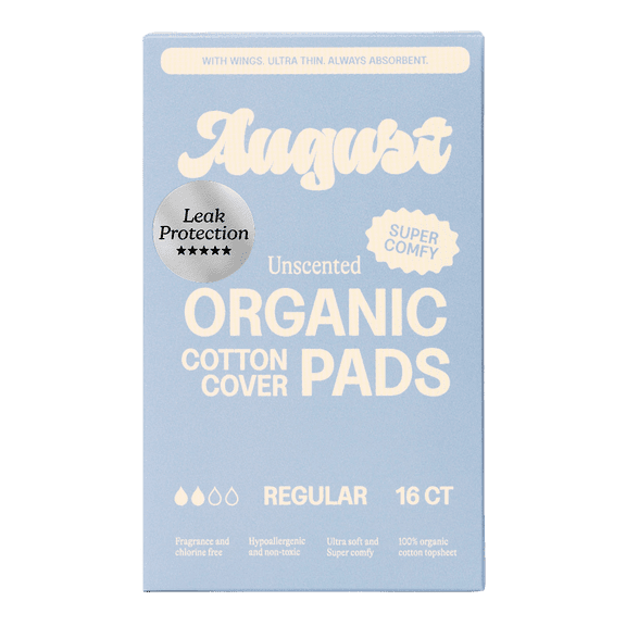 August Organic Cotton Cover Pads with Wings, Regular, Unscented, 16 Count