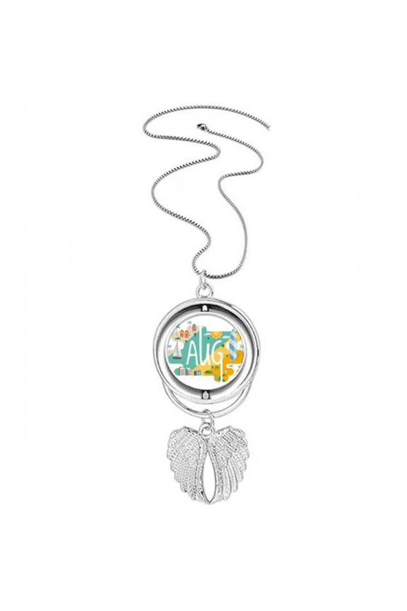 August Month Season Illustration Pendant Angel Wings Rotating Necklace Jewelry