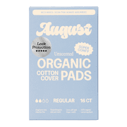 August Organic Cotton Cover Pads with Wings, Unscented, Regular Absorbency, 16 Count