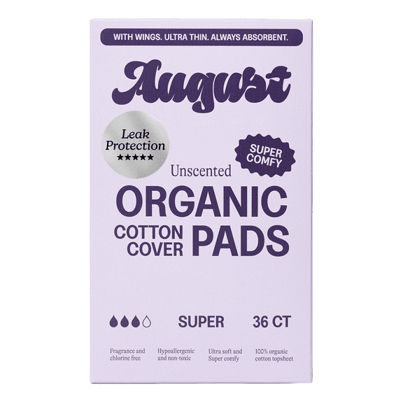 August Organic Cotton Cover Pads with Wings, Super, Unscented, 36 Count
