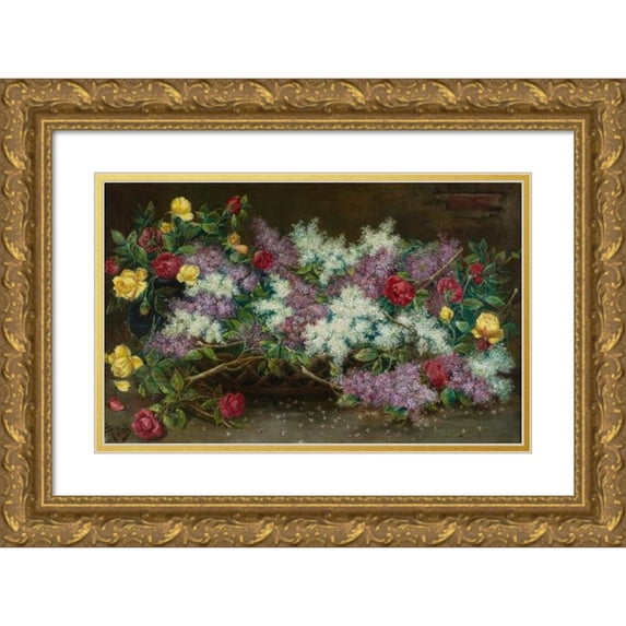 August Pollak 18x13 Gold Ornate Wood Frame and Double Matted Museum Art Print Titled - Lilacs and Roses