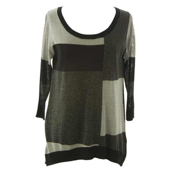 August Silk Women's Colorblock Metallic 3/4 Sleeve Sweater Medium Black Silver