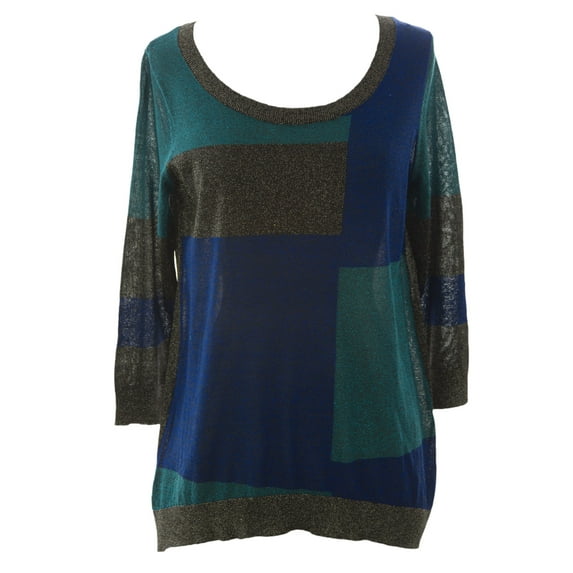August Silk Women's Colorblock Metallic 3/4 Sleeve Sweater Medium Cool Combo
