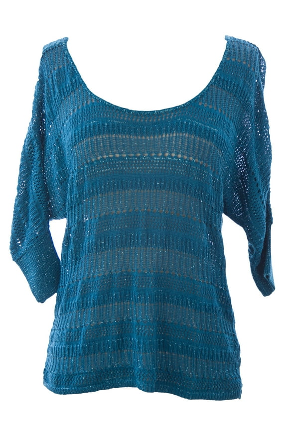 Women's Metallic 3/4 Sleeve Knit Crotchet Sweater Large Tile