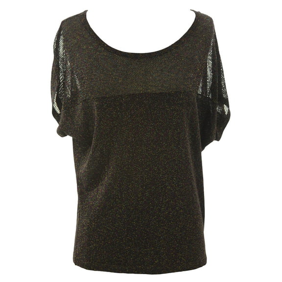 August Silk Women's Metallic Mesh Inset Short Sleeve Sweater Medium Black Shimmer
