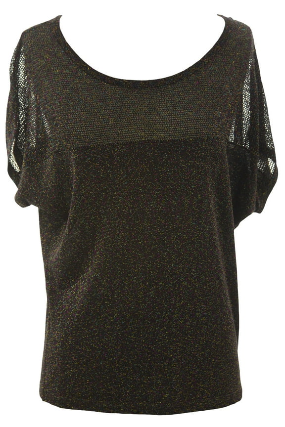 Women's Metallic Mesh Inset Short Sleeve Sweater Small Black Shimmer
