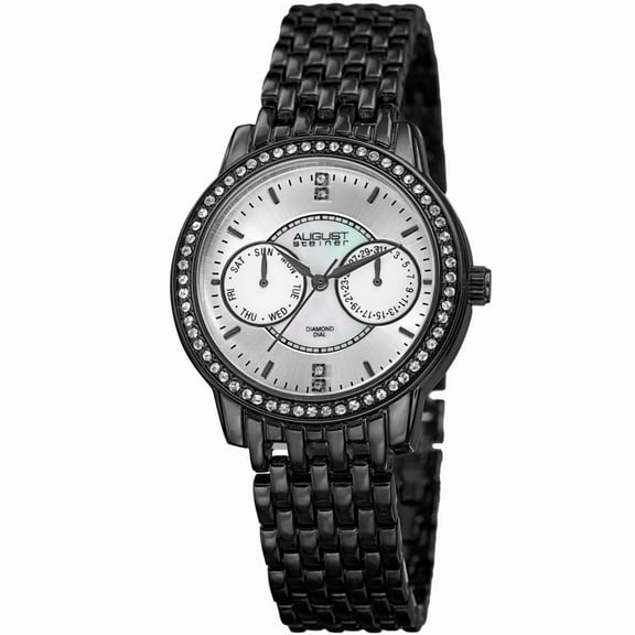 August Steiner AS8228BK Black Classic Quartz Crystal Bezel Day Date Womens Watch