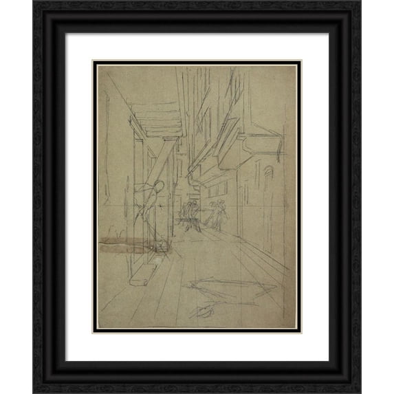 August von Pettenkofen 15x18 Black Ornate Wood Framed Double Matted Museum Art Print Titled - Perspective Sketch for "Street Fight in a Venetian Alley’ (1887)