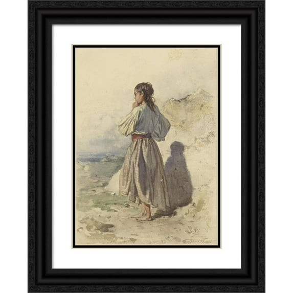 August von Pettenkofen 18x24 Black Ornate Framed Double Matted Museum Art Print Titled: Hungarian Woman, Standing Three -Quarters to the Left, Seen on the Back (1855)