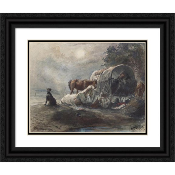 August von Pettenkofen 24x20 Black Ornate Framed Double Matted Museum Art Print Titled: Overnight in the Covered Wagon (1867)