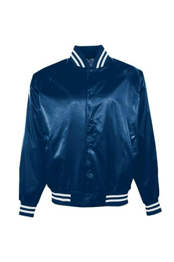 Augusta 3610A Satin Baseball Jacket-Striped Trim- Navy & White - Small
