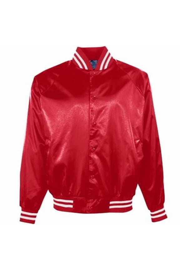 Augusta 3610A Satin Baseball Jacket-Striped Trim- Red & White - Large