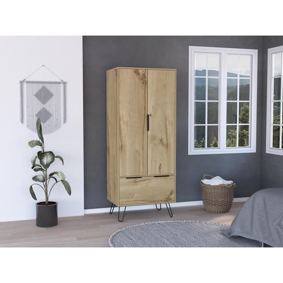 Augusta Armoire Closet, One Drawer, Double Door Cabinet Light Oak