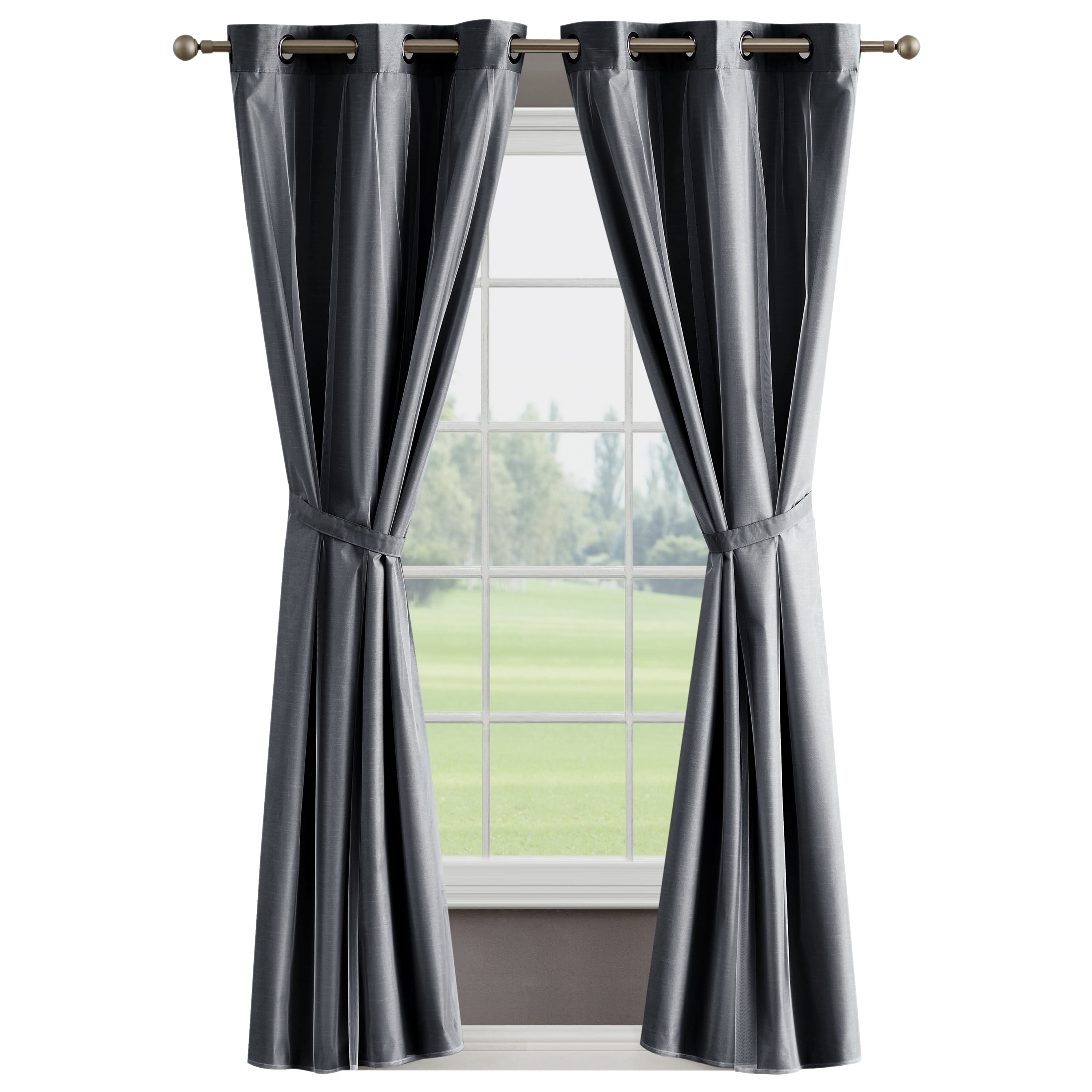 Augusta Blackout Window Curtain Panels and Tiebacks, Faux Silk with Sheer Overlay, Grommet, Charcoal Grey, 38" x 84"