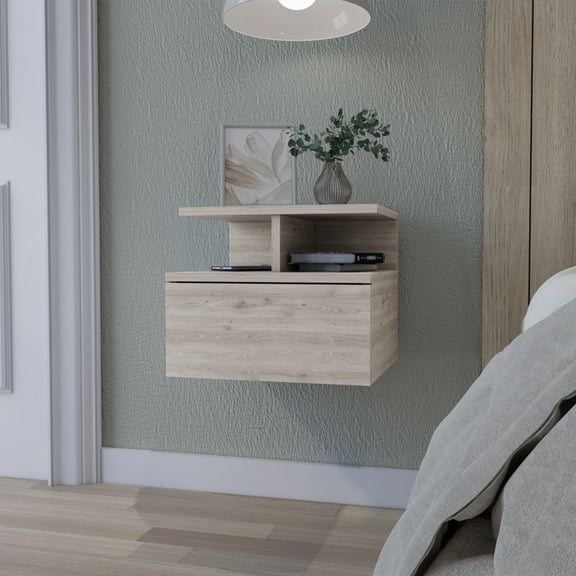 Augusta Floating Nightstand Wall Mounted with Drawer and 2 Tier Shelf, Engineered Wood Light Gray Bedside Table