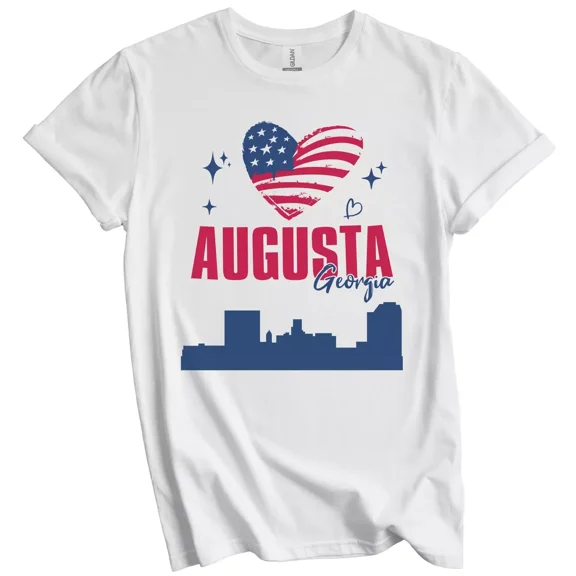 Augusta Georgia Skyline American Flag Heart 4th of July T-Shirt Gift for Men Women Unisex Tee, Vintage Birthday Gift