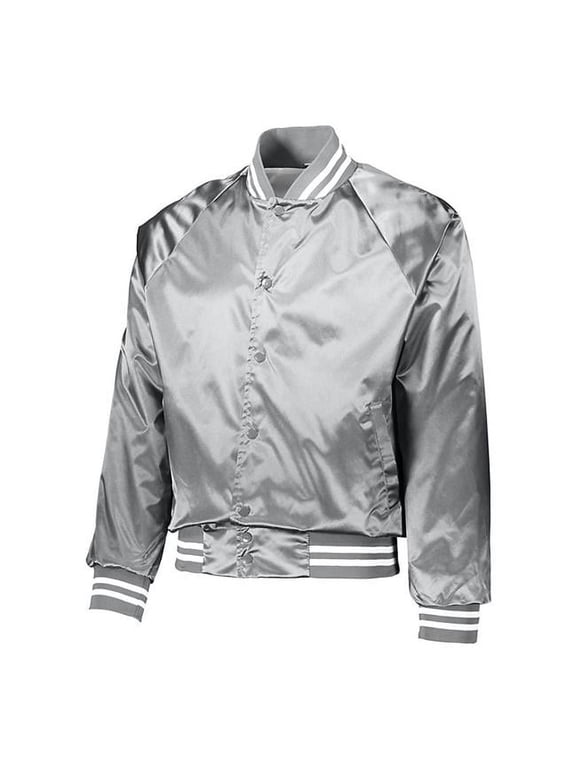 Satin Baseball Jacket Striped Trim, Metallic Silver & White - Medium
