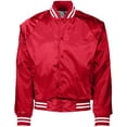 thumbnail image 1 of Augusta Sportswear Womens Augusta Satin Baseball Jacket/Striped Trim Red/White 3X-Large, 1 of 3
