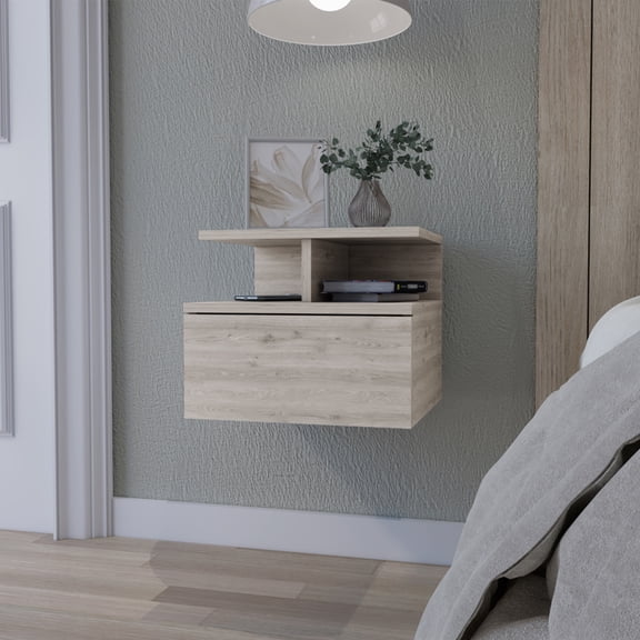 Augusta Wall Mounted Floating Nightstand with Drawer and Dual Shelf Storage, Light Gray Engineered Wood