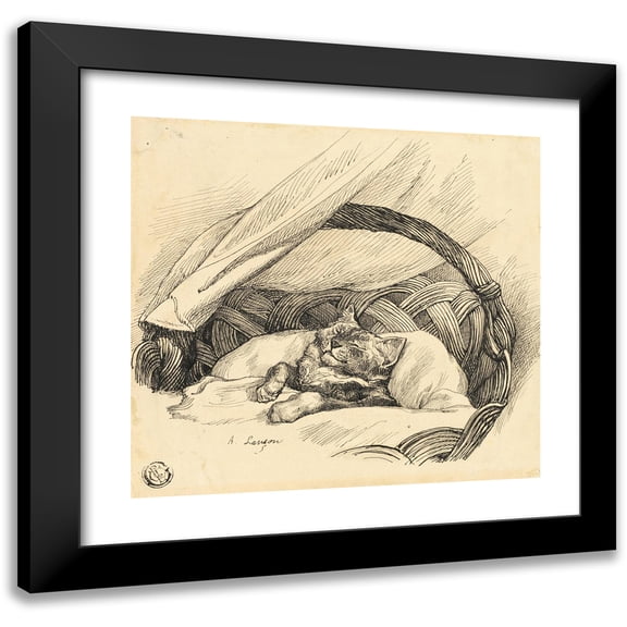Auguste Andre Lançon 13x12 Black Modern Framed Museum Art Print Titled - Cat Asleep in Basket