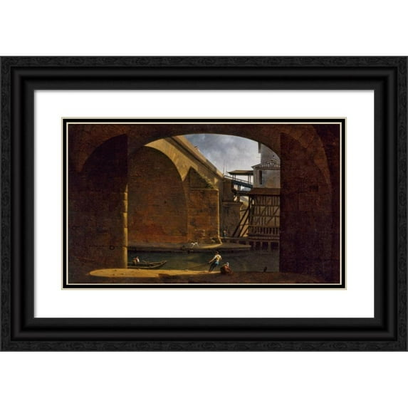 Auguste Jacques Régnier 18x12 Black Ornate Wood Framed Double Matted Museum Art Print Titled - The Notre-Dame Bridge and Pump, Seen from the Vault of the Quai De Gesvres (1816)
