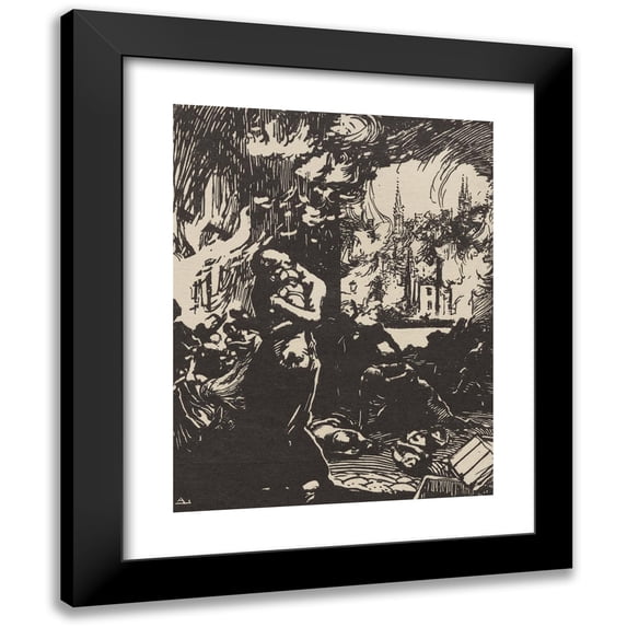 Auguste Louis Lepère 12x14 Black Modern Framed Museum Art Print Titled - Louvain's Fire (1914)