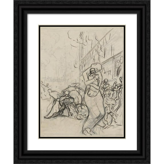 Auguste Louis Lepère 19x24 Black Ornate Framed Double Matted Museum Art Print Titled: Louvain's Fire (1914)