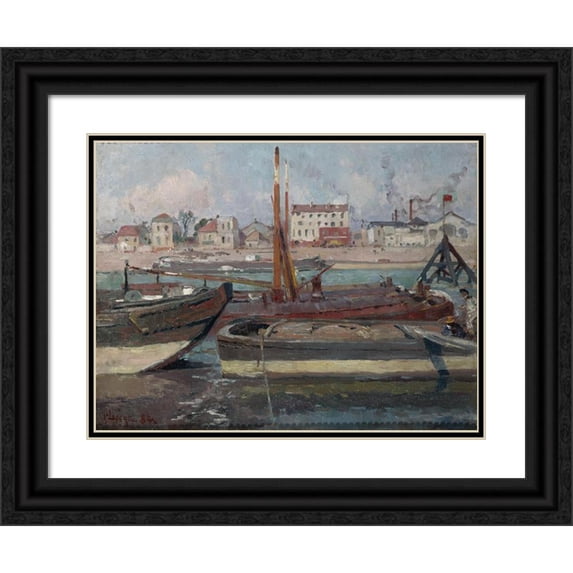 Auguste Louis Lepère 24x19 Black Ornate Framed Double Matted Museum Art Print Titled: La Seine, at the Quai De La Rapee (1884)