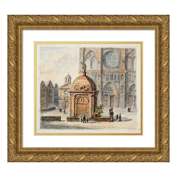 Auguste-Sébastien Bénard 17x15 Gold Ornate Wood Frame and Double Matted Museum Art Print Titled - The Forecourt of Notre-Dame De Paris