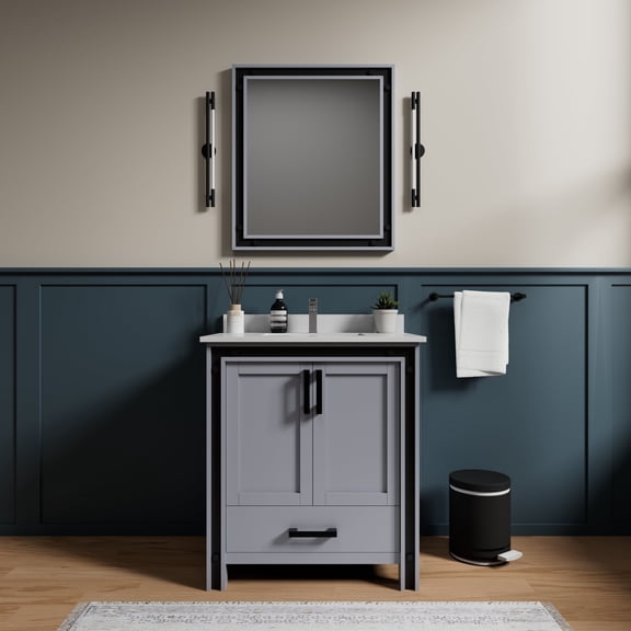 Augustine 30 in W x 22 in D Dark Grey Single Bath Vanity, White Quartz Top and 28 in Mirror