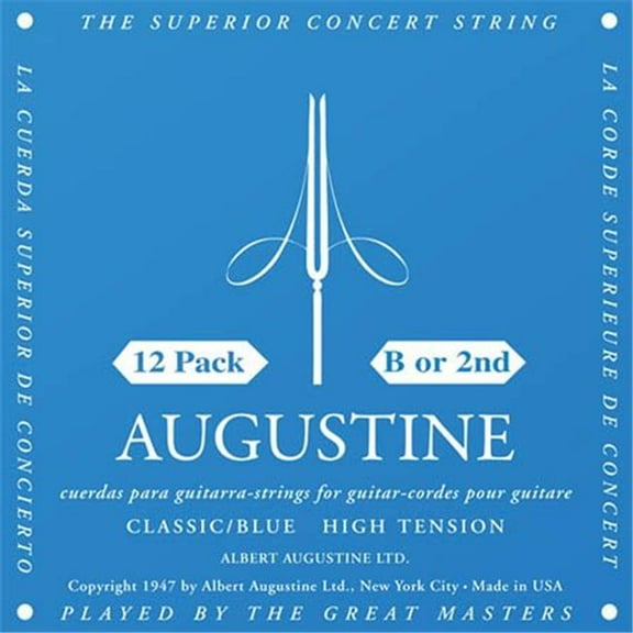 Augustine  Single Blue B or 2nd High Tension Nylon Guitar Strings, Pack of 12