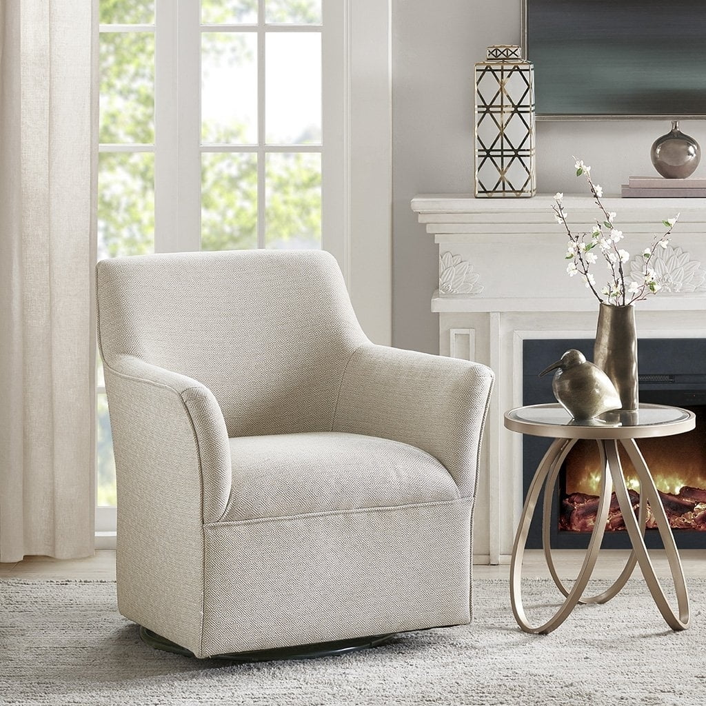 Cream Microfiber Swivel Glider Accent Chair with Wood Frame