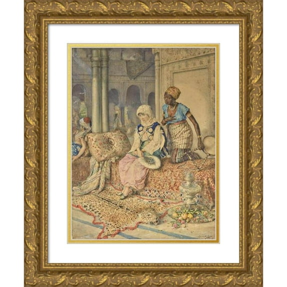 Augusto Ballerini 11x14 Gold Ornate Wood Frame and Double Matted Museum Art Print Titled - Woman and Her Maid in a Harem (1882)