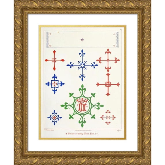 Augustus Pugin 15x18 Gold Ornate Wood Frame and Double Matted Museum Art Print Titled - Crosses for Marking Altar Linen (1846)