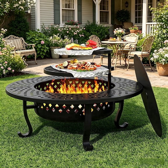 Auhilence 48 Inch Fire Pit with 2 Grill with Lid for Backyard Patio Garden Picnic Camping Bonfire