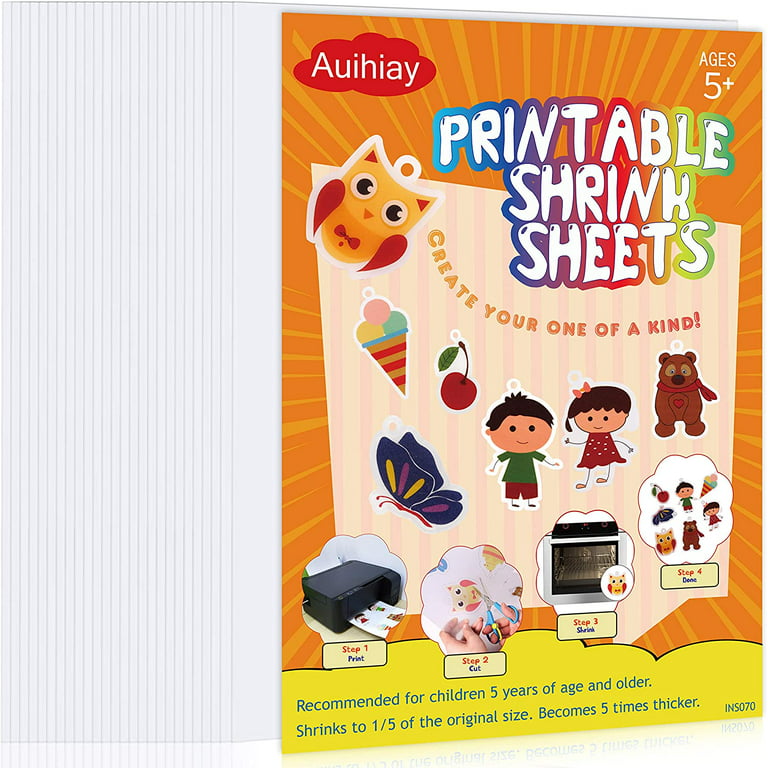 Auihiay 25 Sheets White Printable Shrink Plastic Sheets,Shrink Dink Paper  for DIY,Shrink Films Papers for Inkjet Printer Kids DIY Art and Craft