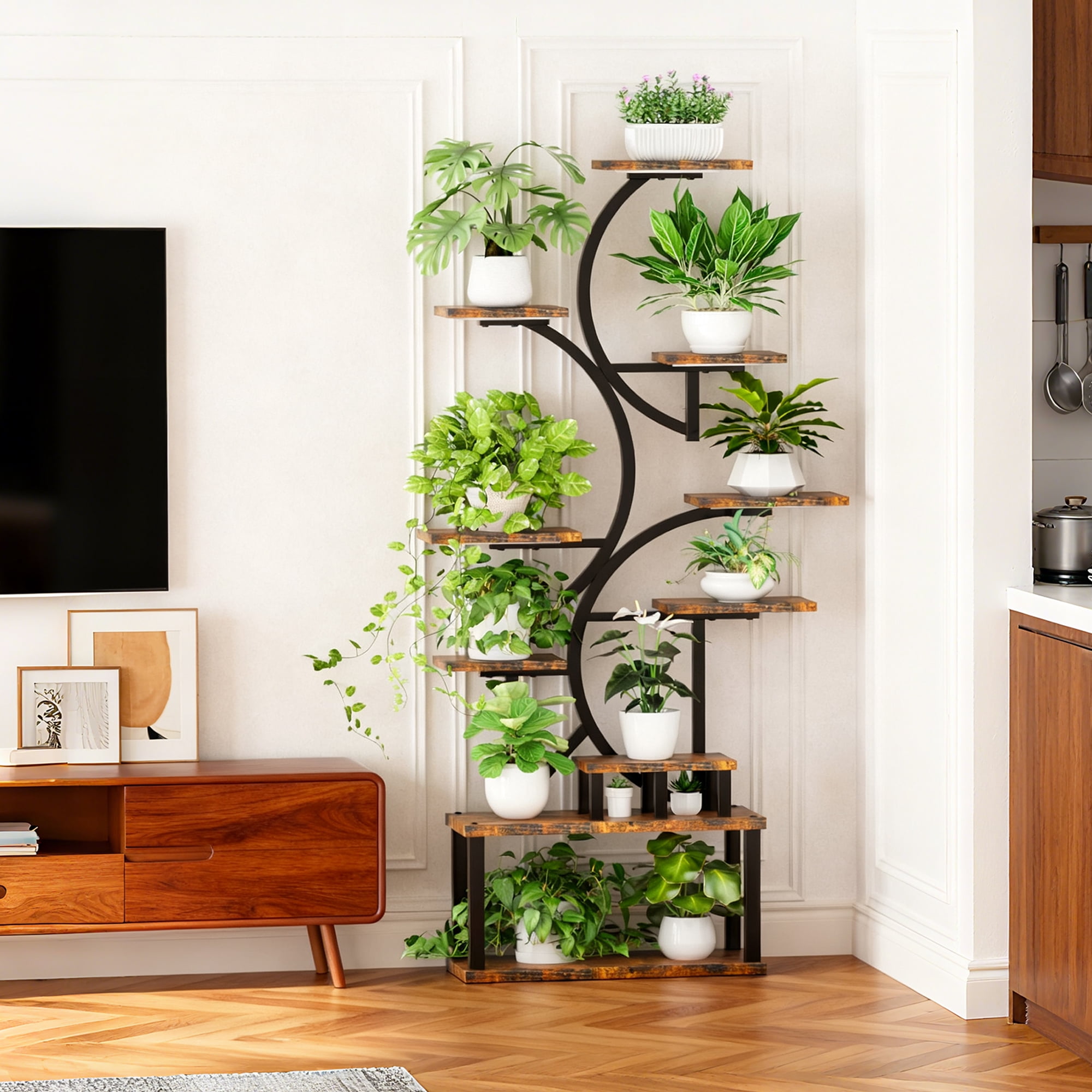 Aukfa 10-Tier Metal Plant Stand with Grow Lights,68.5" Tall Indoor Heavy Duty Plant Shelf for Multiple Plants, Full Spectrum LED& Time,Rustic Brown
