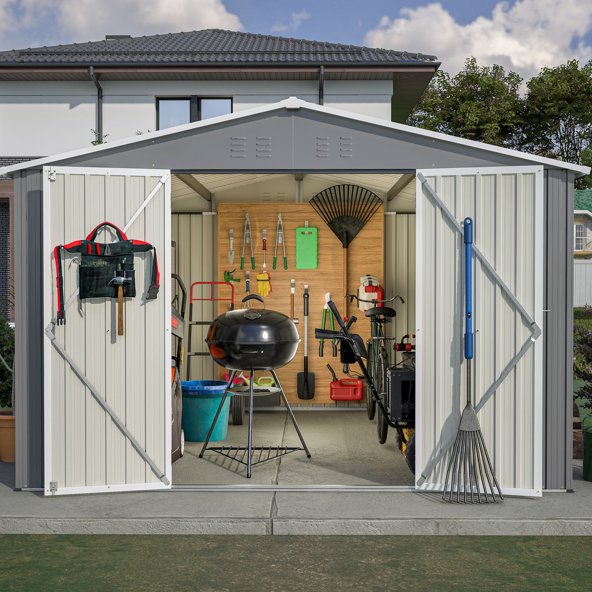 Aukfa 10 x 10FT Outdoor Storage Shed, Metal Shed Storage, Roof Slope Utility Tool Shed with Door and Padlock for Backyards, Patio Lawns and Outdoor, Gray