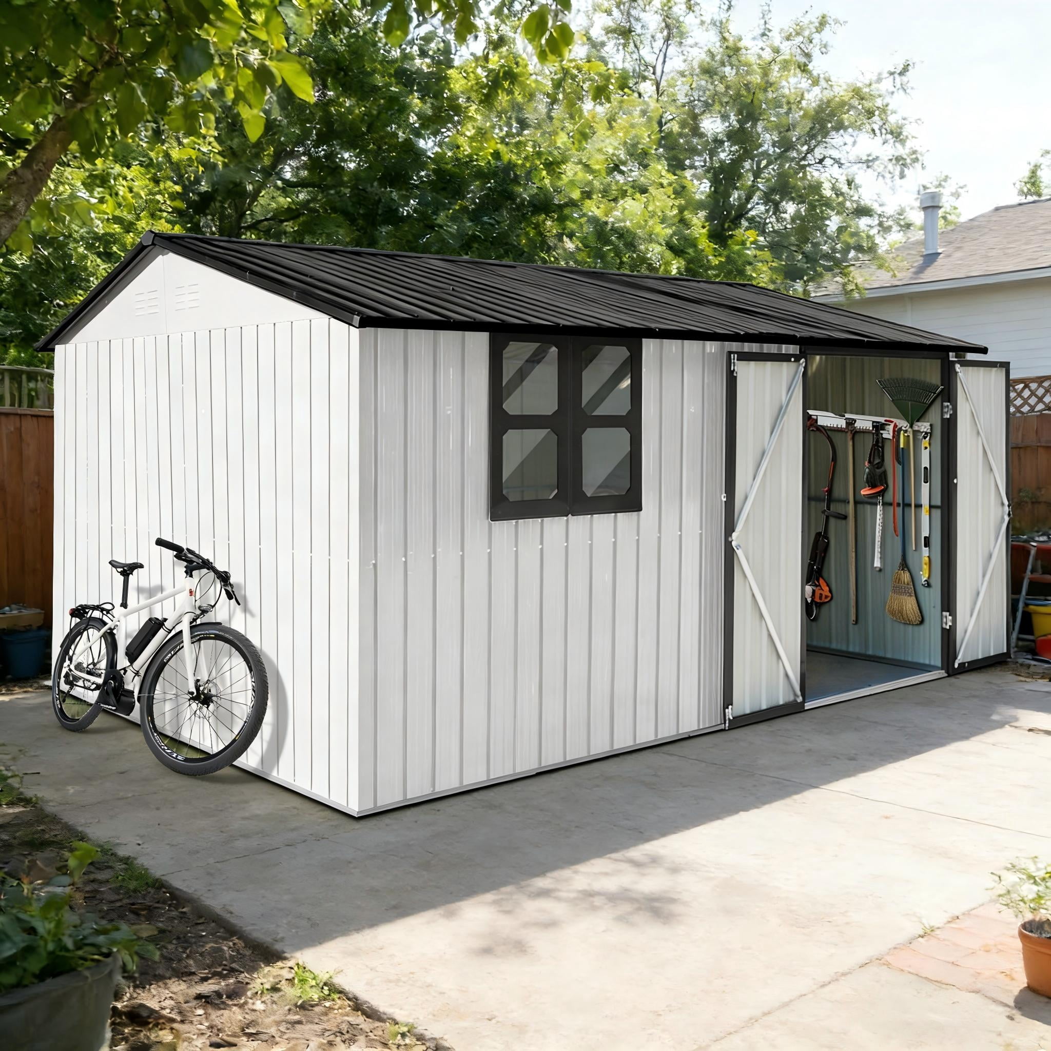 Aukfa 10 x 12FT Outdoor Storage Shed with Lockable Door, Metal Garden Tool Shed with Window & Sloped Roof for Backyard, Patio and Backyard, White/Black