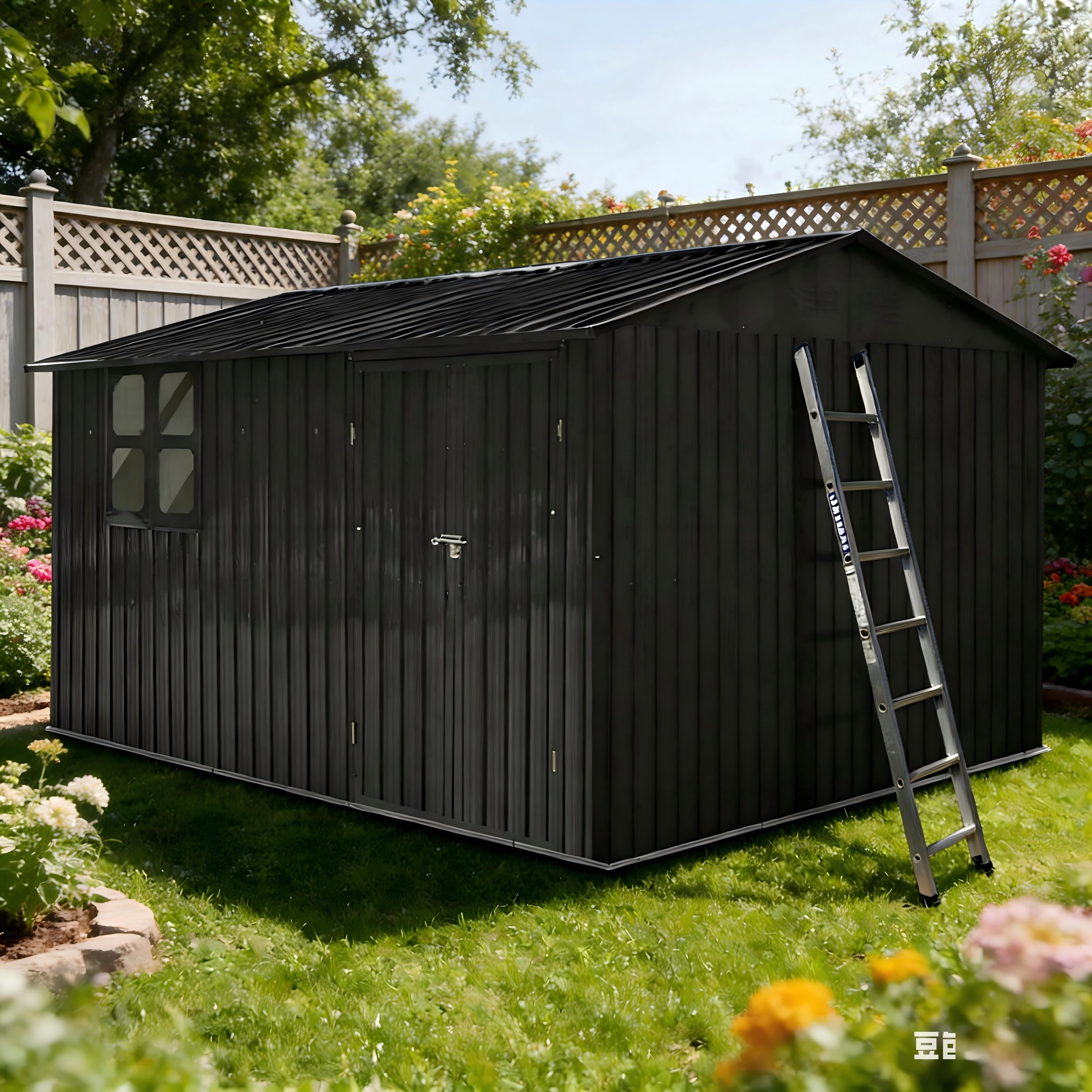 Aukfa 10 x 12FT Outdoor Storage Shed with Lockable Door, Metal Garden Tool Shed with Window & Sloped Roof for Backyard, Patio and Backyard, Black
