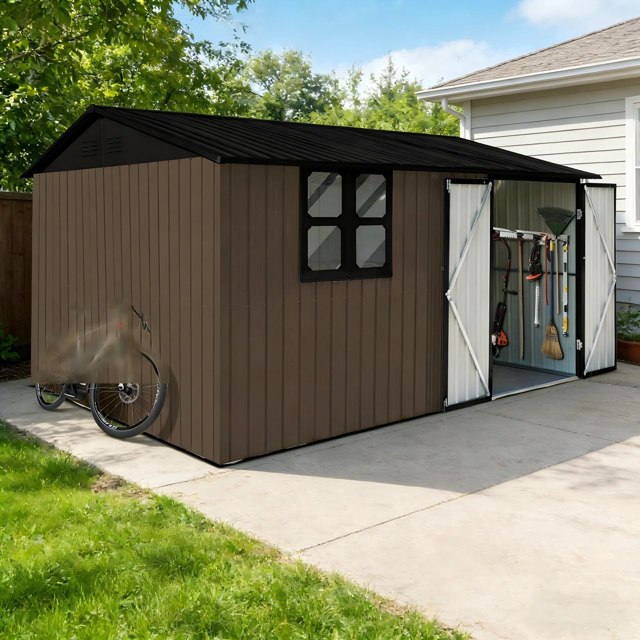 Aukfa 10 x 12FT Outdoor Storage Shed with Lockable Door, Metal Garden Tool Shed with Window & Sloped Roof for Backyard, Patio and Backyard, Brwon