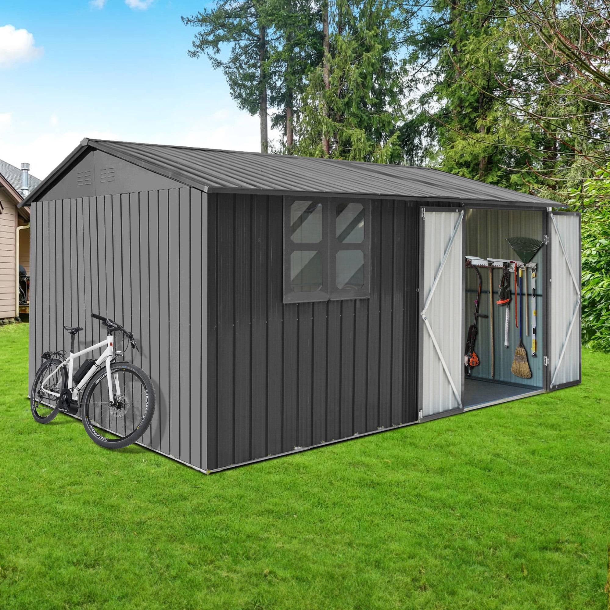 Aukfa 10 x 12FT Outdoor Storage Shed with Lockable Door, Metal Garden Tool Shed with Window & Sloped Roof for Backyard, Patio and Backyard, Gray