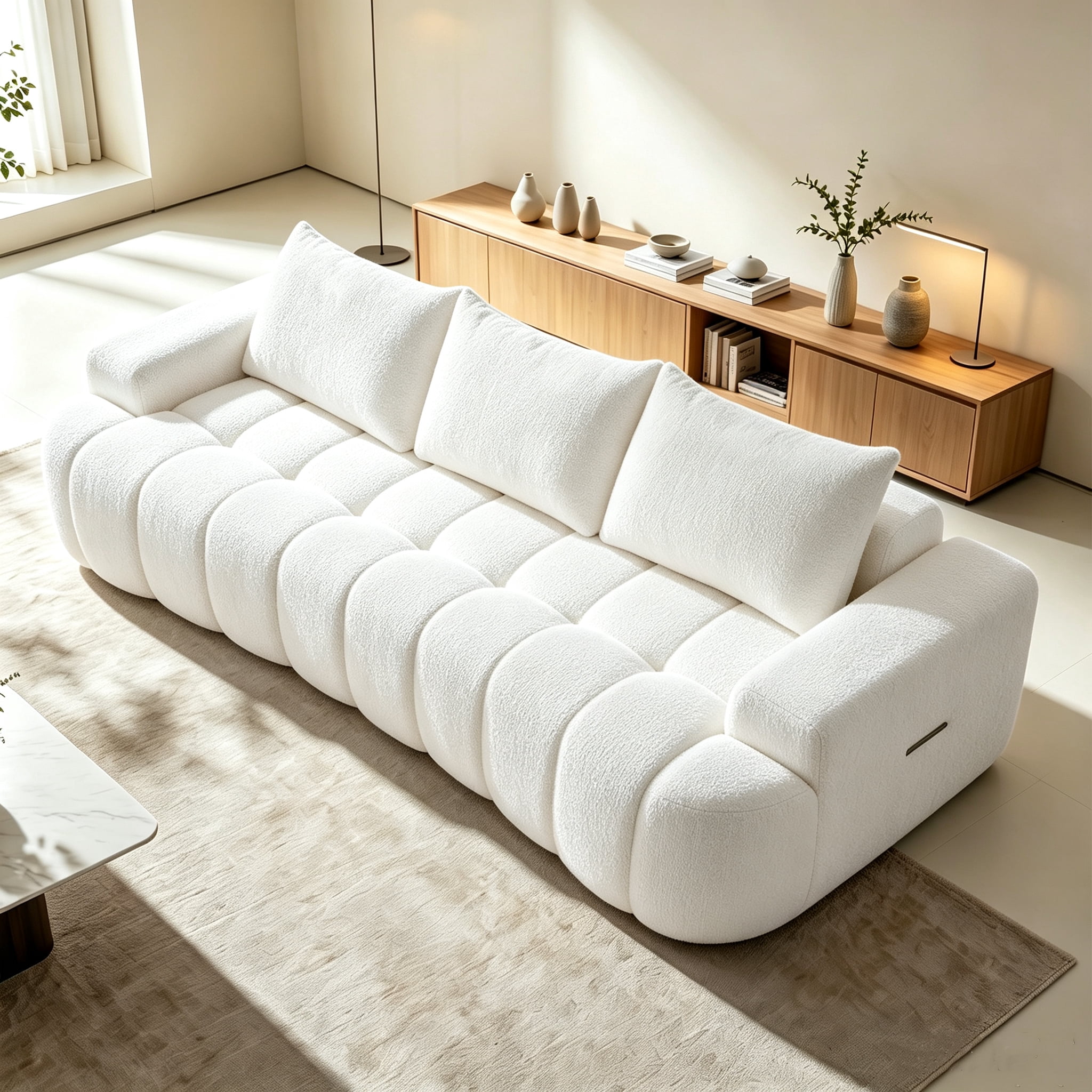 Aukfa 100" Oversized Boucle Cloud Sofa Deep Seat Boneless Couch with Curved Front for Living Room, Cream