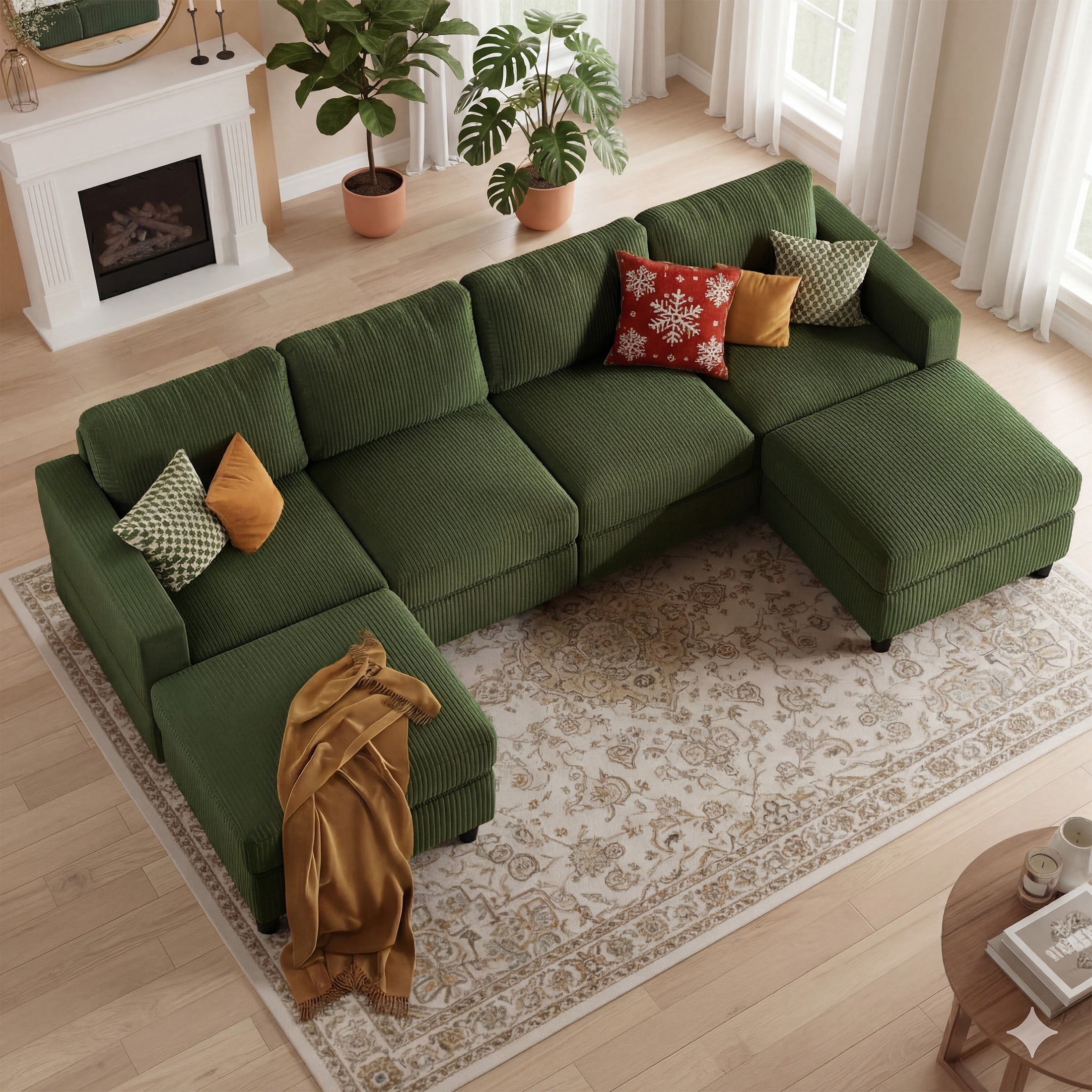 Aukfa 101" Corduroy U-Shaped Sectional Sofa with 2 Ottomans, 6-Seater Cloud Couch, Green