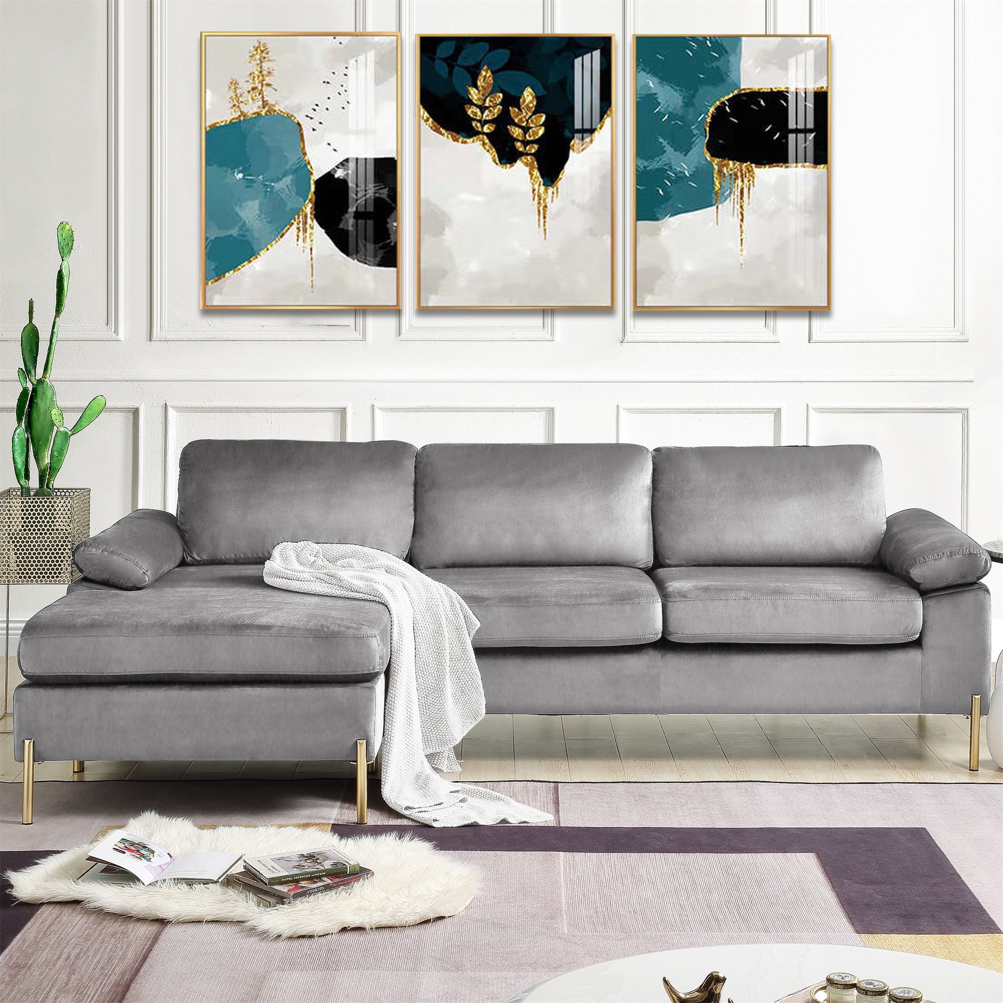 Aukfa 101" Velvet Sectional Sofa Pillow Top Arm Sleeper Couch for Living Room, Gray