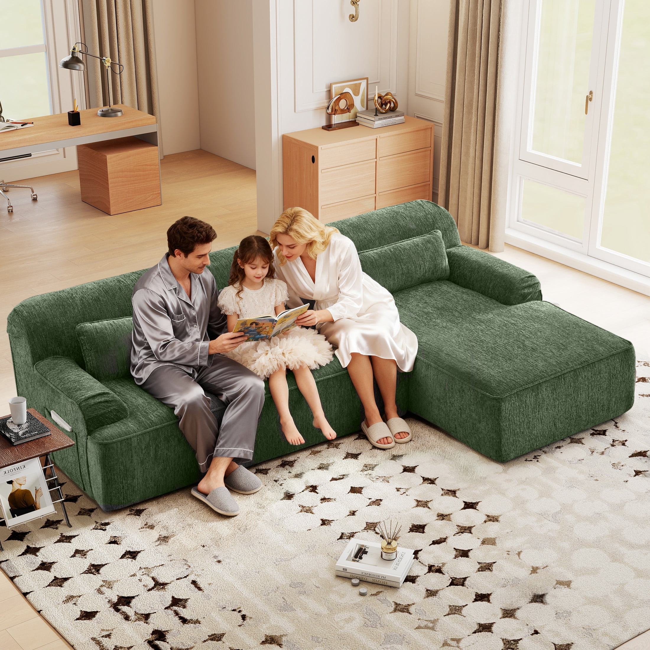 Aukfa 102.4" Chenille Modular Sectional Sofa with Right-Facing Chaise, Deep Seat Couch, No Assembly Required, Green