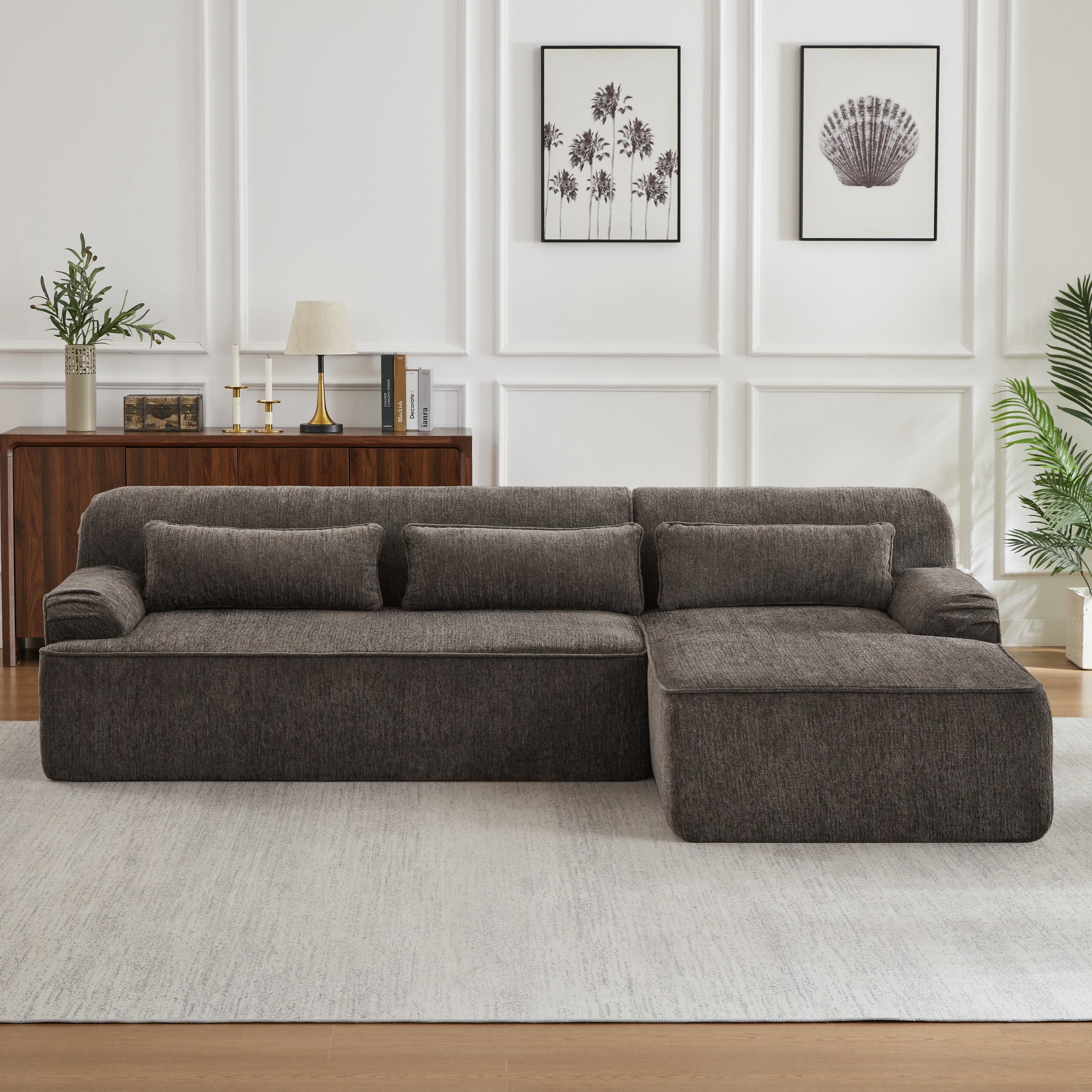 Aukfa 102.4" Modular Sectional Sofa with Right Facing L-Shape Chaise, Deep Seat Chenille Upholstered Couch with Lumbar Pillow, No Assembly Required, Brown