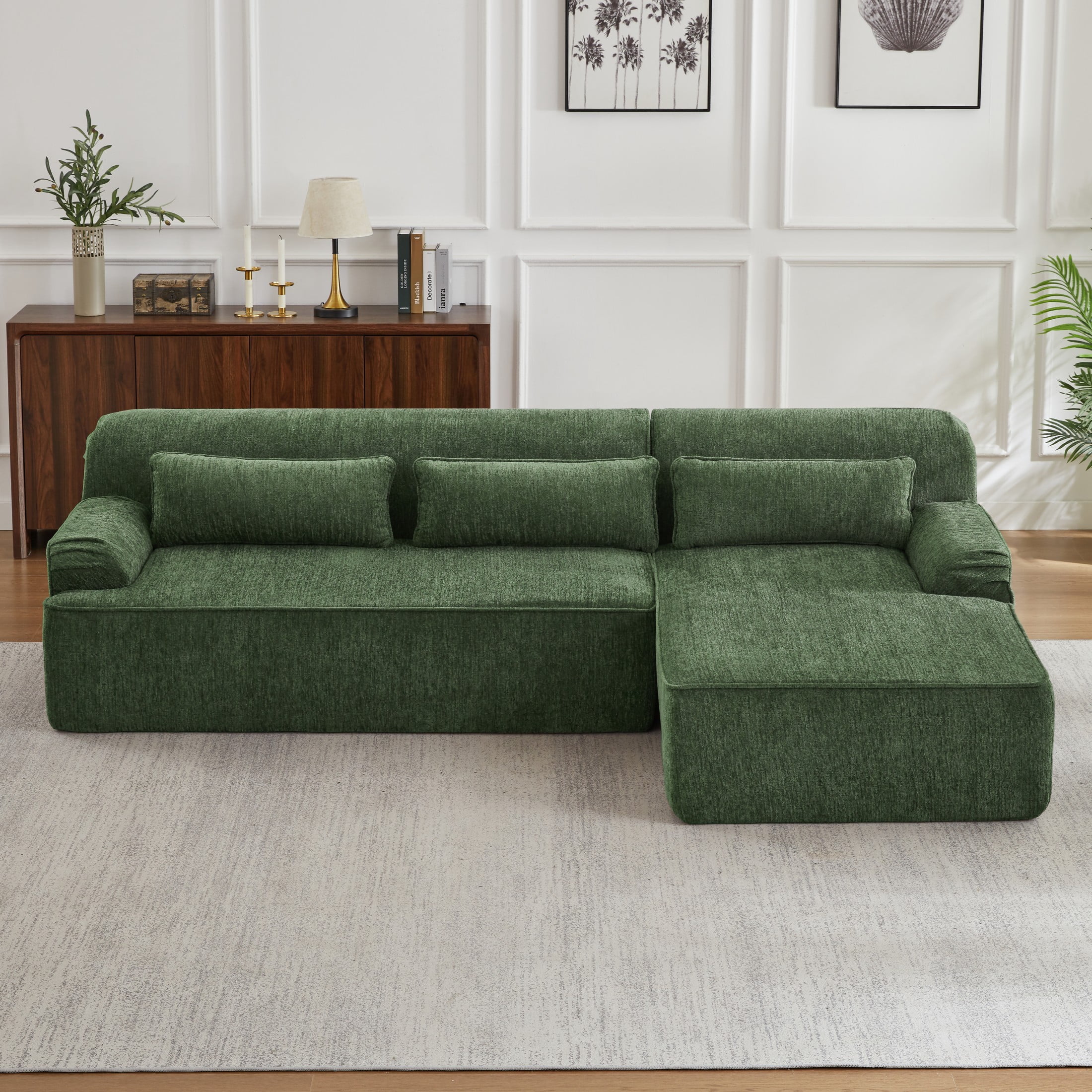 Aukfa 102.4" Modular Sectional Sofa with Right Facing L-Shape Chaise, Deep Seat Chenille Upholstered Couch with Lumbar Pillow, No Assembly Required, Green