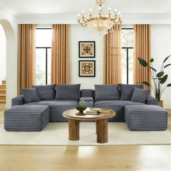 Aukfa 127" U Shaped Cloud Sectional Sofa Modular Boneless Couch with USB&Cupholdes Storage Console for Living Room, Corduroy, Gray