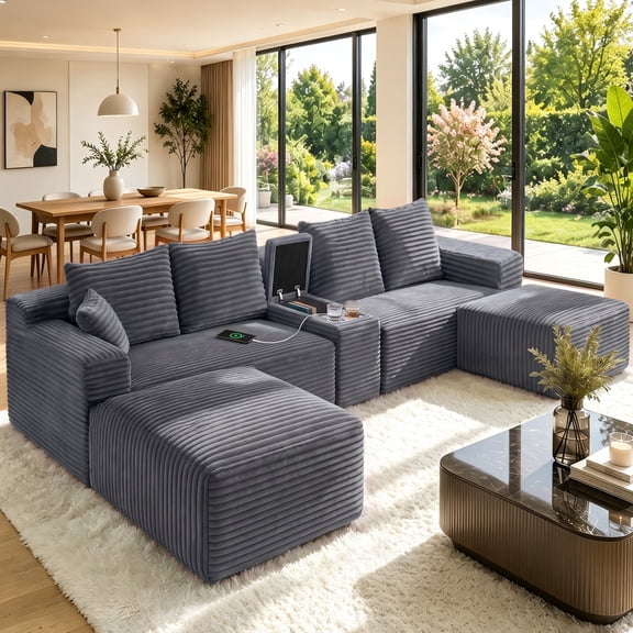 Aukfa 127" Oversized Cloud Sectional Sofa Boneless Couch with USB & Cup Holder Storage Console Modular U Shaped Corduroy Sofa for Living Room, Dark Gray